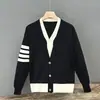 Cardigan de alta qualidade outono e inverno masculino retrô cor contrastante costura em V suéter versátil casaco suéter masculino