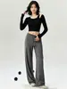 Ropa de Yoga Tallas Grandes para Mujeres Gorditas, Top de Manga Larga Off-the-Shoulder, Pantalones Rectos de Pierna Ancha de Cintura Alta, Conjunto de Ropa Deportiva para Fitness para Mujeres, Otoño