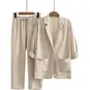 Conjunto casual de lino y algodón estilo europeo y americano transfronterizo para mujer, blazer de manga tres cuartos y pantalón de cintura alta conjunto de dos piezas