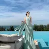 Vestido Estilo Francés con Cuello Halter, Cintura Ceñida, Adelgazante, con Escote Drapeado para Vacaciones en la Costa, Sexy Estilo Puro Deseo, Vestido Largo sin Espalda