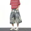 Shorts jeans masculinos com design de chamas tie-dye lavado retrô americano, marca da moda de verão, calças cropped retas casuais largas