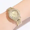 Relógio de Pulso Redondo Estilo Romano Cravejado de Diamantes Estilo Inglês para Mulheres, Modelo Popular de Comércio Exterior, Atacado do Fabricante, Conjunto de Relógio com Pulseira de Liga Metálica para Mulheres