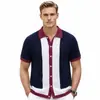 Nueva Ropa para Hombre de Amazon Suéter de Punto Casual de Color Contrastante Europeo y Americano Cárdigan de Manga Corta con Solapa Camisa Polo Sj0008