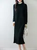 Vestido de Lã 100% Pura com Gola de Renda de Alta Qualidade para Mulheres, Suéter Base Soltinho para Outono e Inverno, Vestido Longo de Tricô de Caxemira