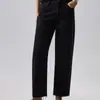 Nuevos jeans rectos de tiro alto color negro puro para mujer, dobladillo deshilachado, caída fluida, versátiles, casuales, longitud cropped