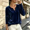 Nuevo top de terciopelo de otoño transfronterizo europeo y americano 2026 con cuello en V medio abierto estilo francés, botones y mangas largas para mujer