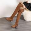 Botas de Conejo de Invierno, Botas de Nieve Calientes, Tacones Gruesos, Tacones Altos, Botas de Mujer Hasta la Rodilla con Cordones, Zapatos de Algodón para Mujer