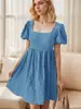 Site Independente Amazon Transfronteiriço Moda Feminina Verão Europeu e Americano Novo Vestido Quadrado de Manga Curta Slim