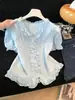 Camisa Azul con Volantes de Cuello en V y Manga Corta para Mujer, Nueva Moda Verano 2026 Elegante Dulce Top A11809