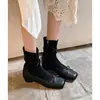 Versão em Pele de Ovelha ~ Botas Finas com Laço Estilo Ballet Retrô para Mulheres Outono e Inverno Francês Novas Botas Curtas com Salto Grosso Nariz de Porco