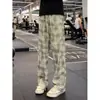 Pantalones de verano ligeros y frescos de seda de hielo a cuadros para hombre, estilo callejero americano, rectos, holgados, adelgazantes, de pierna ancha, casuales