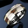 Anillo de Moda Popular Transfronterizo de Acero Inoxidable Incrustado de Dos Tonos con Veta de Madera de 8 mm Color Acero Esférico Tres Ranuras Madera Blanca y Caoba