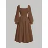 Vestido sexy de moda europea y americana transfronterizo de Amazon, con cuello cuadrado, manga larga, falda plisada en A, ceñido a la cintura