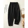 Pantalones cropped de algodón y lino, corte holgado, nuevo estilo primavera/verano, tela fina, tiro alto, diseño retro con botones decorativos y cordones, cintura elástica, pantalones tipo harén casuales para mujer