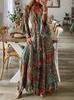2023 Europeu e Americano Cross-border Bohemian Flare Manga Estampada V-neck Cintura Alta Vestido de Férias Floral Vestido Longo
