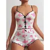 Amazon Aliexpress Transfronteiriço Europeu e Americano Estampado em Forma de Coração Cor Contrastante Roupa de Casa Fenda Frontal Conjunto de Vestido Pijama de Alça