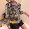 ¡Moda de Hong Kong y Americana/Compra 2 y llévate 1 gratis! Cárdigan de punto a cuadros dehoundstooth para mujer, top de bloques de color, nuevo para la primavera de 2026