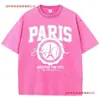 Camiseta Informal Transfronteriza para Mujer Lavado Ácido Camiseta con Estampado Ciudad Descubrimiento París Algodón Desgastado Manga Corta Moderna Negra para Mujer
