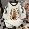 Camiseta de Manga Corta con Estampado Divertido, Retazos de Tres Rayas, Estilo Nuevo de Verano 2025, Holgada, Versátil, Estilo Universitario
