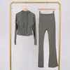 Conjunto Lulu Df de Jaqueta Curta com Capuz e Calça Flare, Roupa de Fitness Yoga Elástica Respirável Justa com Capuz