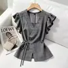 Camisa de Verano Estilo Nuevo Elegante con Mangas Volantes y Cinturón de Corbata de Manga Corta para Mujer Adelgazante Versátil Madura Elegante