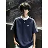 Camiseta Unisex de Manga Curta Verão Fio Duplo 230g Peso Pesado Estampada com Três Listras Manga Raglã Caimento Solto Camiseta de Manga Curta para Casal