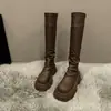 Botas de Cavaleiro Novas Plataforma Grossa Cano Alto Elásticas Picantes para Meninas Petite Botas Emagrecedoras Femininas Mostram Pernas Longas Tendência Feminina Aumento de Altura