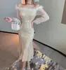 Vestido Ombro a Ombro Estilo Francês para Mulheres, Novo Modelo 2026, Alto Padrão, Elegante, Adequado para Uso Diário, Vestido Bodycon Sexy