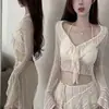Estilo Desejo Puro Roupa de Garota Popular Maiô Feminino Sexy Decote V Curto Renda Top Saia Irregular com Amarração Conjunto de Duas Peças