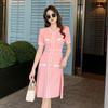 Vestido de Tricô Feminino de Alta Qualidade Shenzhen Nanyou Verão Feminino Estilo Chanel Manga Curta Cintura Alta Seda Brilhante Linha A Saia de Seda Gelada