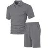 Conjunto nuevo de hombre de manga corta transfronterizo, corte holgado, casual, camiseta tipo polo de color liso y shorts, conjunto de dos piezas