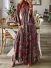 Vestido de Fiesta de Estilo Bohemio Nuevo Transfronterizo Europeo y Americano con Mangas de Trompeta Estampado Cuello en V Cintura Alta Floral Falda Larga para Mujer