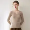Malha Consinee 100% cashmere puro para mulheres, top canelado slim-fit com gola V para usar em camadas