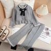 Conjunto de Primavera e Outono para Meninas Estilo Coreano Estilo Chanel Nova Moda Estilo Ocidental Laço Renda Calças de Perna Larga para Meninas Conjunto de Duas Peças