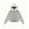 Sudadera con capucha y cuello de pelo estilo millennial Y2K para mujer, top con cremallera corta y cálido con cuello de pelo de lunares vintage