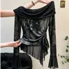 Principios de otoño, increíblemente hermoso, dobladillo con volantes, tie-dye, camiseta de manga larga de un solo hombro para mujer, mangas acampanadas elegantes, top básico