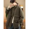 Casaco Vintage de Cânhamo Lavado com Algodão Espesso para Mulheres com Bolsos Grandes, Jaqueta Acolchoada de Comprimento Médio, Jaqueta Quente com Acolchoamento de Algodão para o Inverno