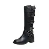 Versão em couro~Botas Martin com fivela e salto grosso, over-the-knee, forradas com fleece, estilo britânico, botas femininas plus size 41-43, ajuste largo para tamanhos maiores