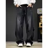 Jeans rectos de peso pesado para hombre, pantalones casuales tipo papá lavados vintage de primavera, pantalones de trabajo anchos sueltos de la alta calle americana