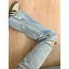 Calça Jeans Reta Solta Rasgada Azul Claro para Mulheres, Verão Retro Americano Cintura Alta Emagrecedora Plus-Size Corte Estreito Desgastada