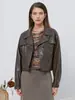 Jaqueta de Couro PU com Lapela Europeia e Americana e Múltiplos Bolsos Feminina Solta com Ombro Caído Curta Retrô Casual Jaqueta de Couro Outerwear