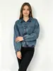 Chaqueta Vaquera Patchwork Lavada al Agua para Mujer Solapa Cremallera Holgada Hombro Caído Cintura Ceñida Chaqueta Ropa para Mujer Transfronteriza Fábrica Venta al por Mayor