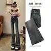 Ceniza de Cemento Jeans Ligeros para Mujer Otoño e Invierno 2024 Nuevos de Cintura Alta Adelgazantes Explosiones Pantalones de Pata de Elefante hasta el Suelo para Hombres Bajos