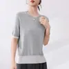 Camiseta de punto para mujer, estilo nuevo de verano, colorblock de Lyocell, cuello redondo, manga corta, elegante, holgada, sencilla, estilo coreano, imitación de dos piezas