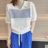 Camiseta de manga corta a rayas con cuello polo de verano, diseño de moda, versátil, cuello redondo, top para mujer, moda ins