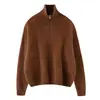 Suéter de cachemira pura 2026 otoño e invierno nuevo para mujer, cuello camisero con media cremallera, camiseta básica, estilo suave, suéter holgado y favorecedor