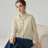 Cashmere 100% puro, estilo minimalista, gola azul-marinho, manga longa, cardigã de tricô de abotoamento simples, top versátil e que afina