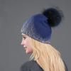 Sombrero de Lana Tejido Cálido de Invierno Estilo Exportación Europeo y Americano Sombrero de Mujer Plateado Bronceado Sombrero de Lana con Pompón de Piel de Mapache