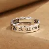 Anel Masculino Vintage de Prata Tailandesa com Mantra de Seis Palavras em Sânscrito, Design Vazado, Estilo Envelhecido, Ajustável para o Dedo Indicador