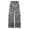 Pantalones de trabajo camuflados para hombre, lavados tipo mezclilla, de alta resistencia, con diseño único de remaches, pantalones rectos de pierna ancha holgados, estilo callejero